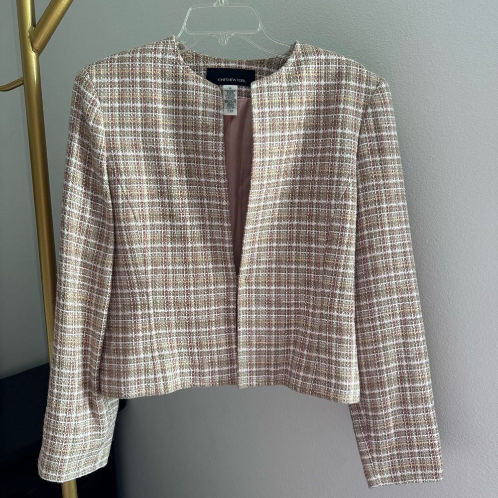 Tweed Jones New York Blush Pink and Tan Collarless Blazer - Size 10